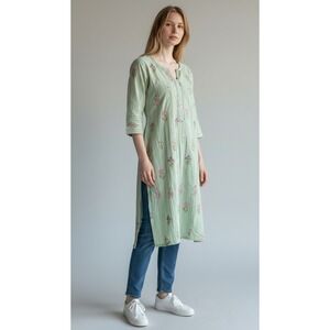 Beechtree Loose Fit Kurta Tunic Sage Green‎ Floral Embroidered Stripe Size 12